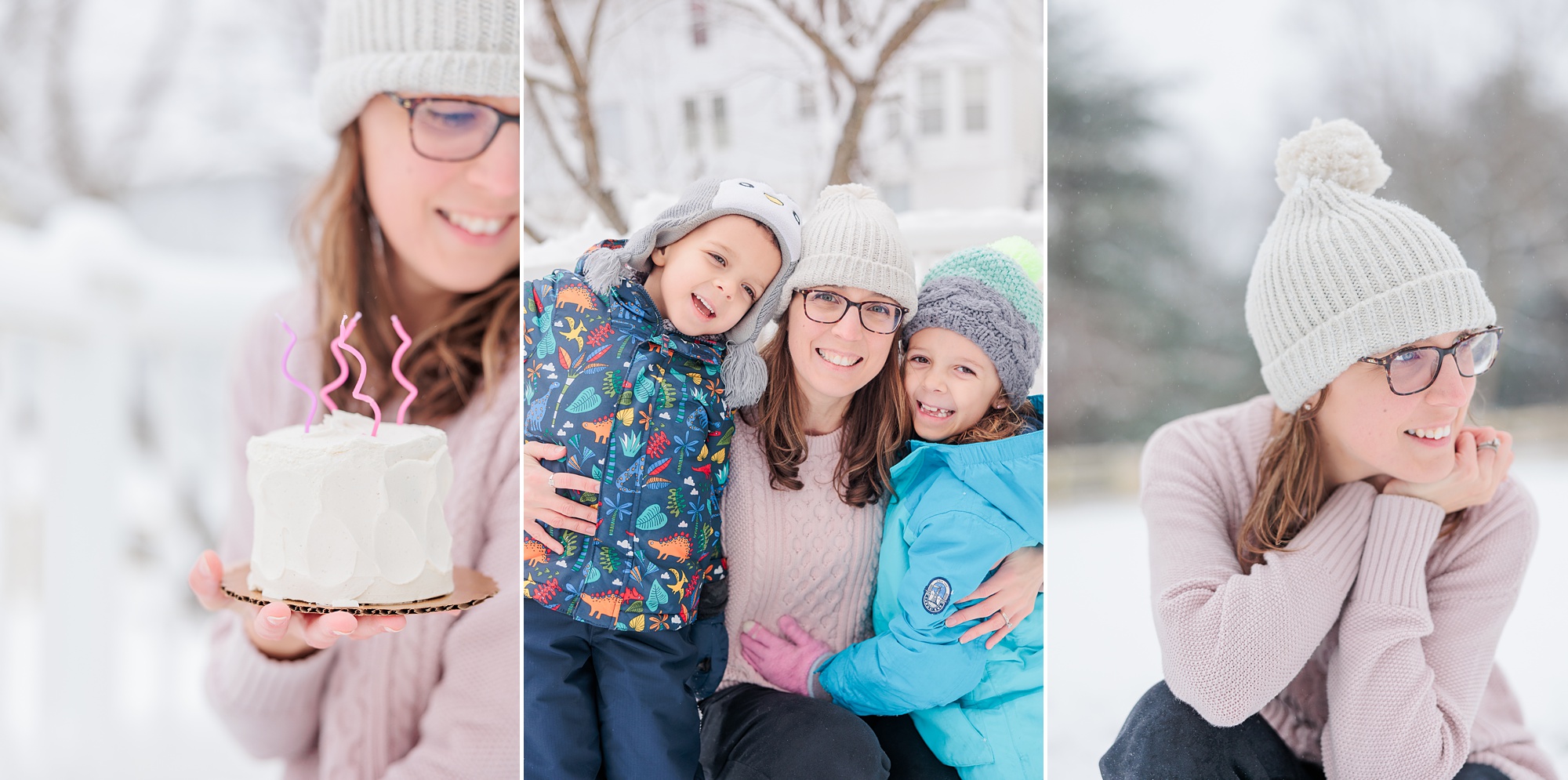 woman poses with two children during snow day in Maryland 