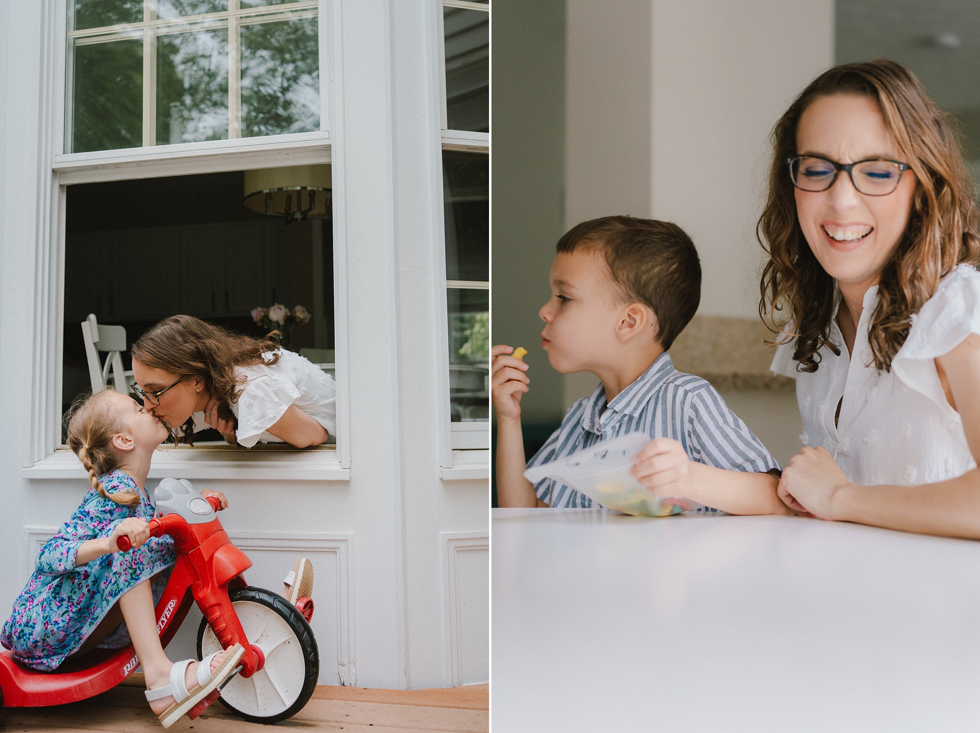 mom leans to kiss daughter out the kitchen window of Maryland home 