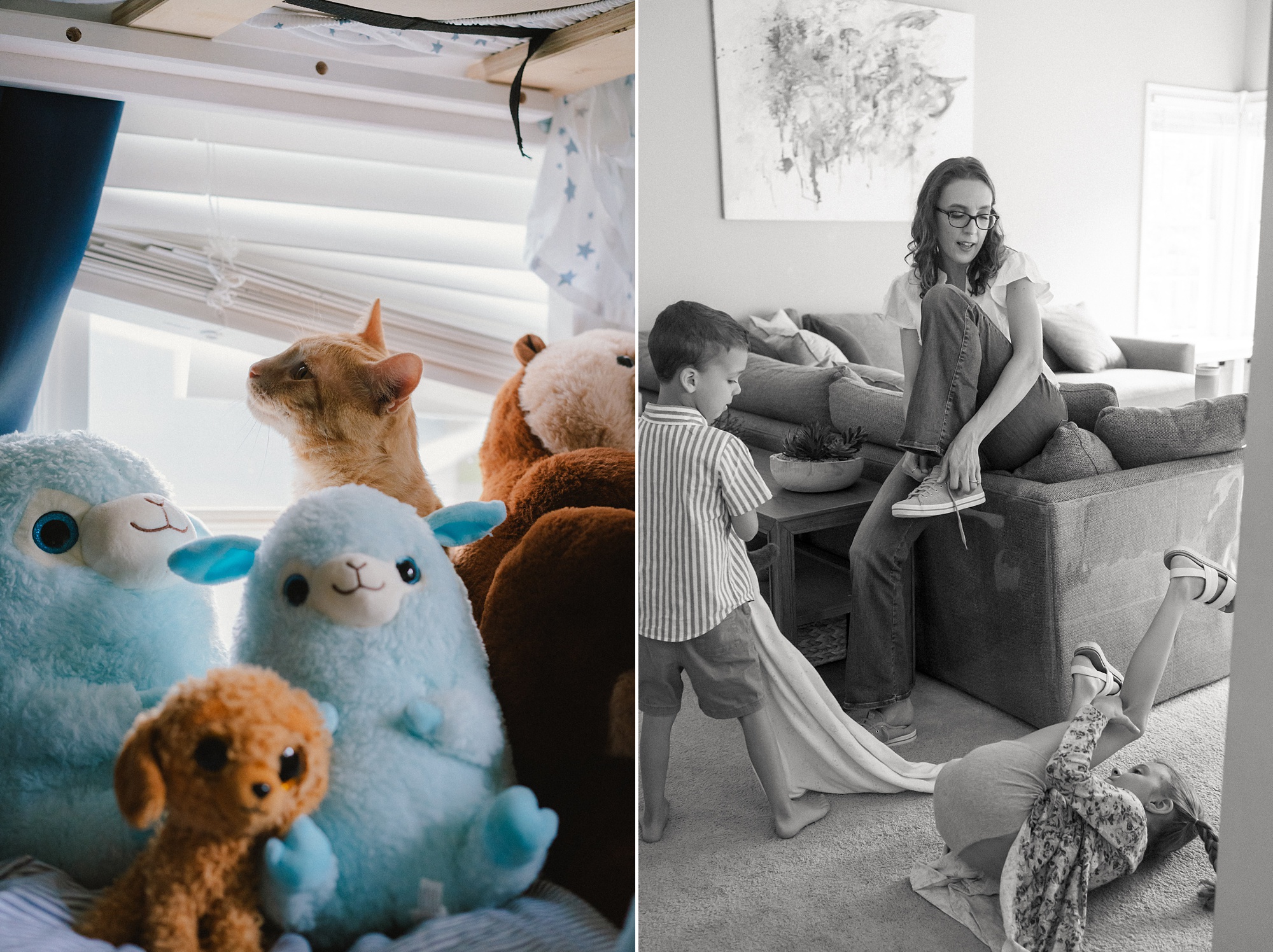 mom ties shoes while watching kids get ready