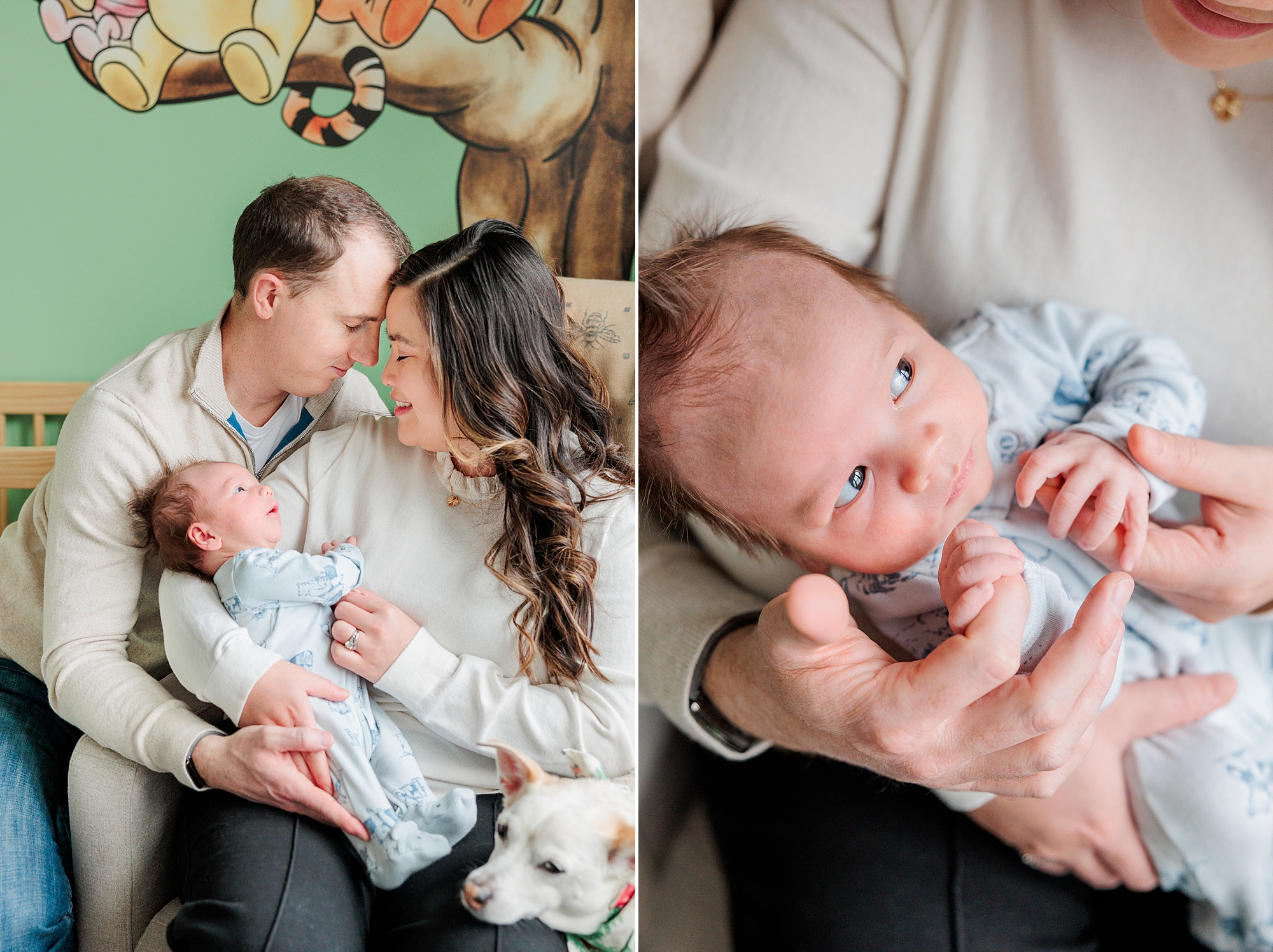 mom and dad snuggle with new baby during newborn photos in Baltimore home