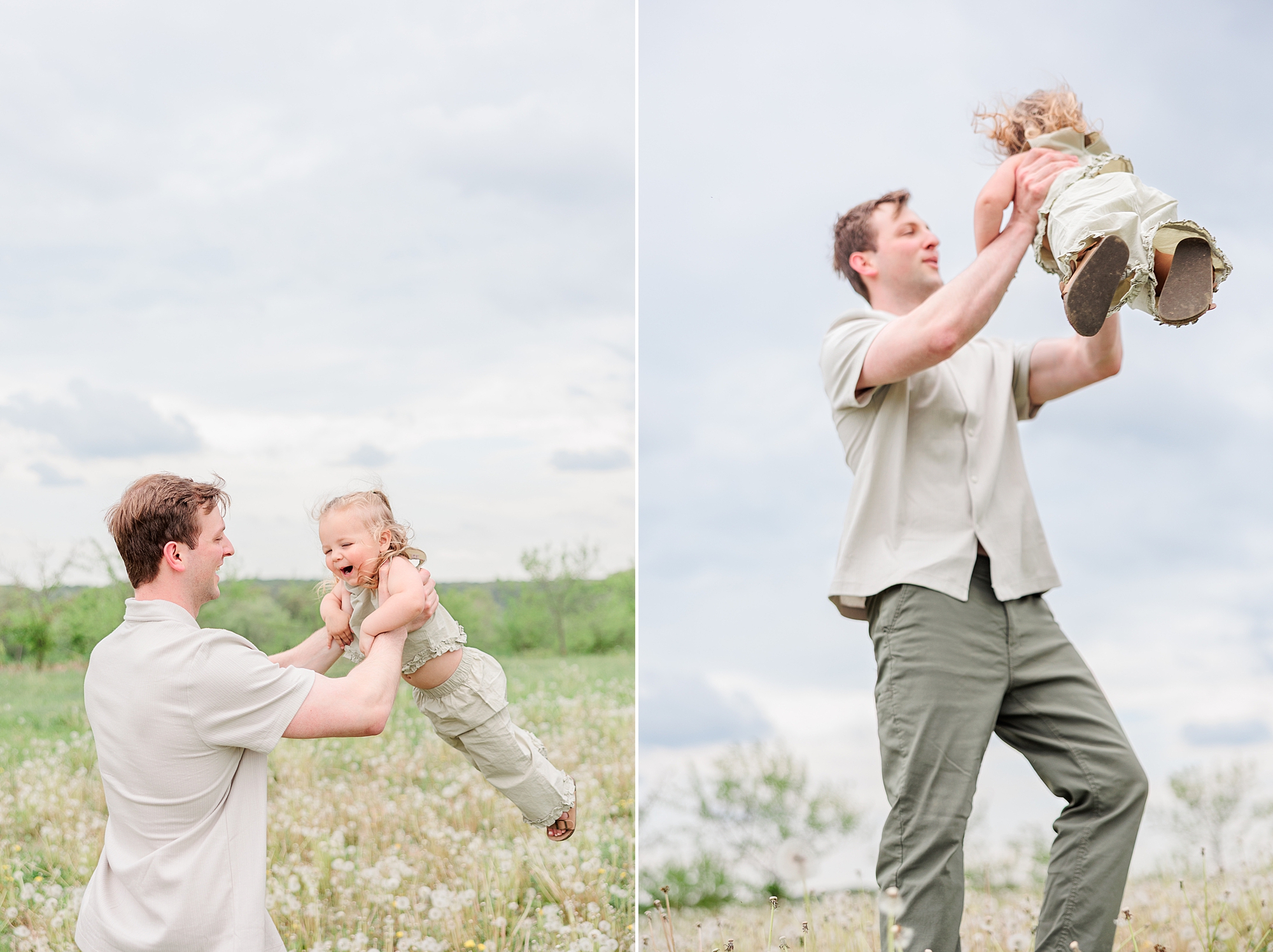 dad plays with daughter in dandelion field on Baltimore farm 