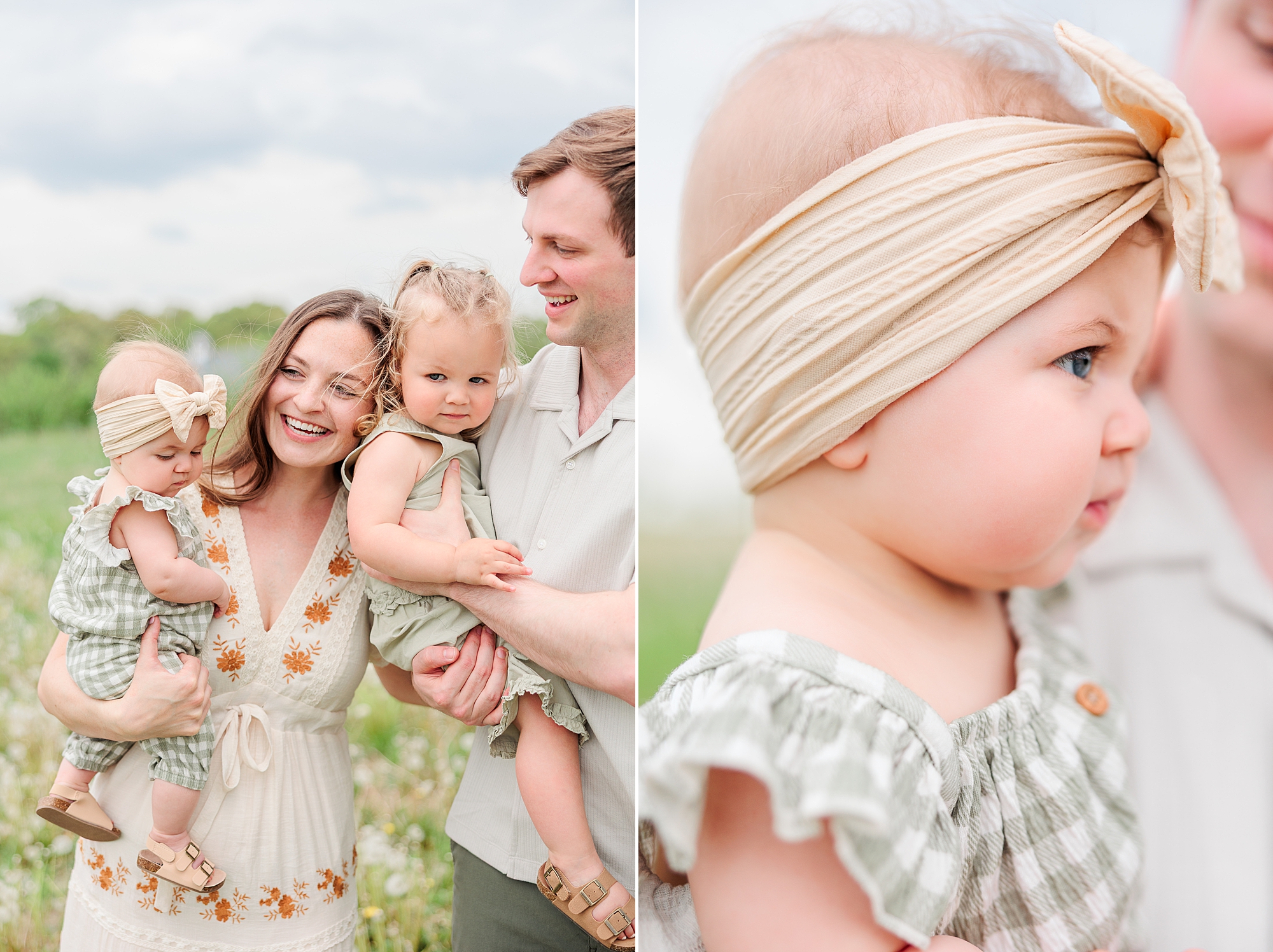 parents snuggle with two daughters during Baltimore lifestyle family session on farm