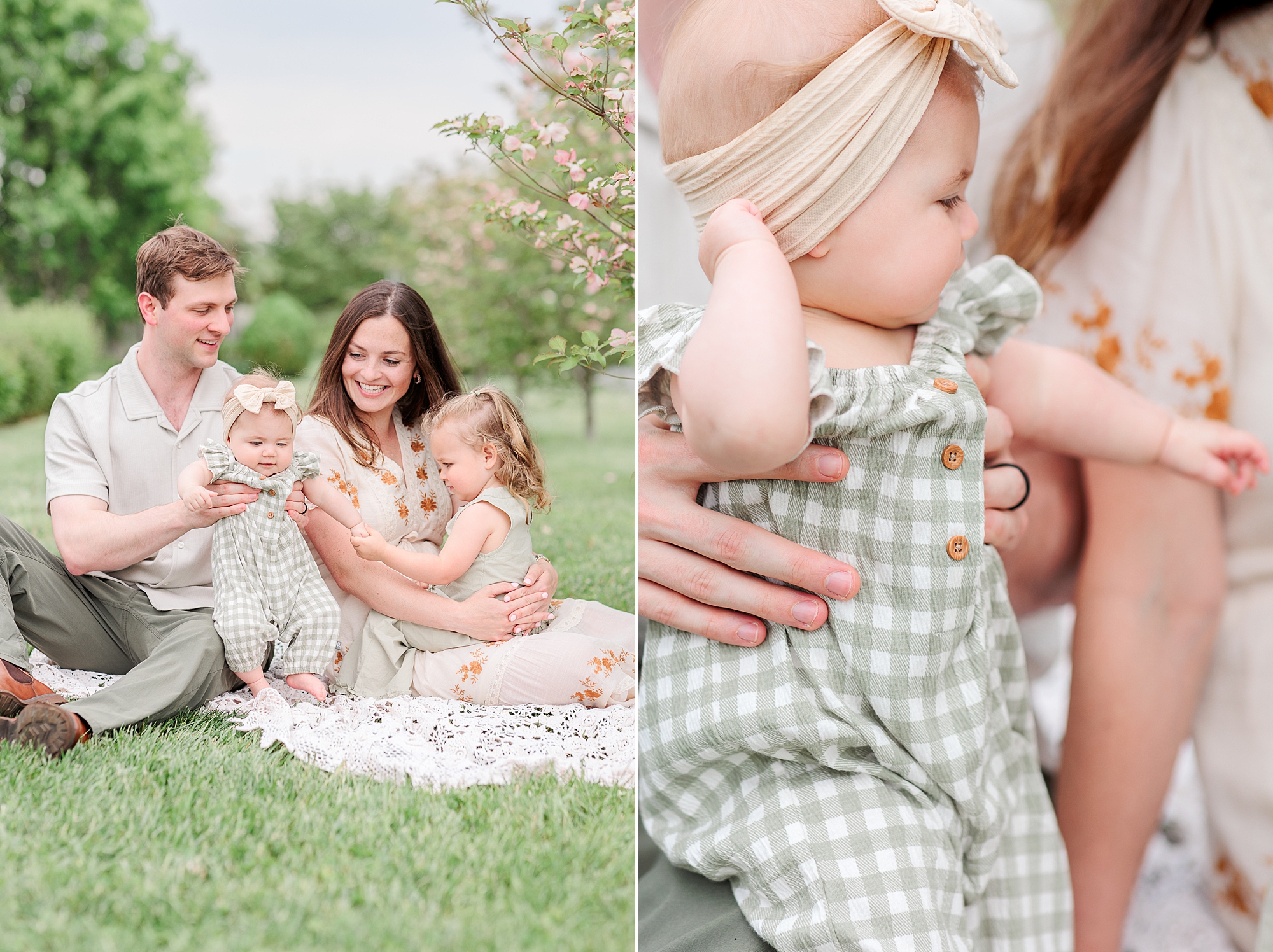 parents sit with babies on blanket during Baltimore lifestyle family session on farm