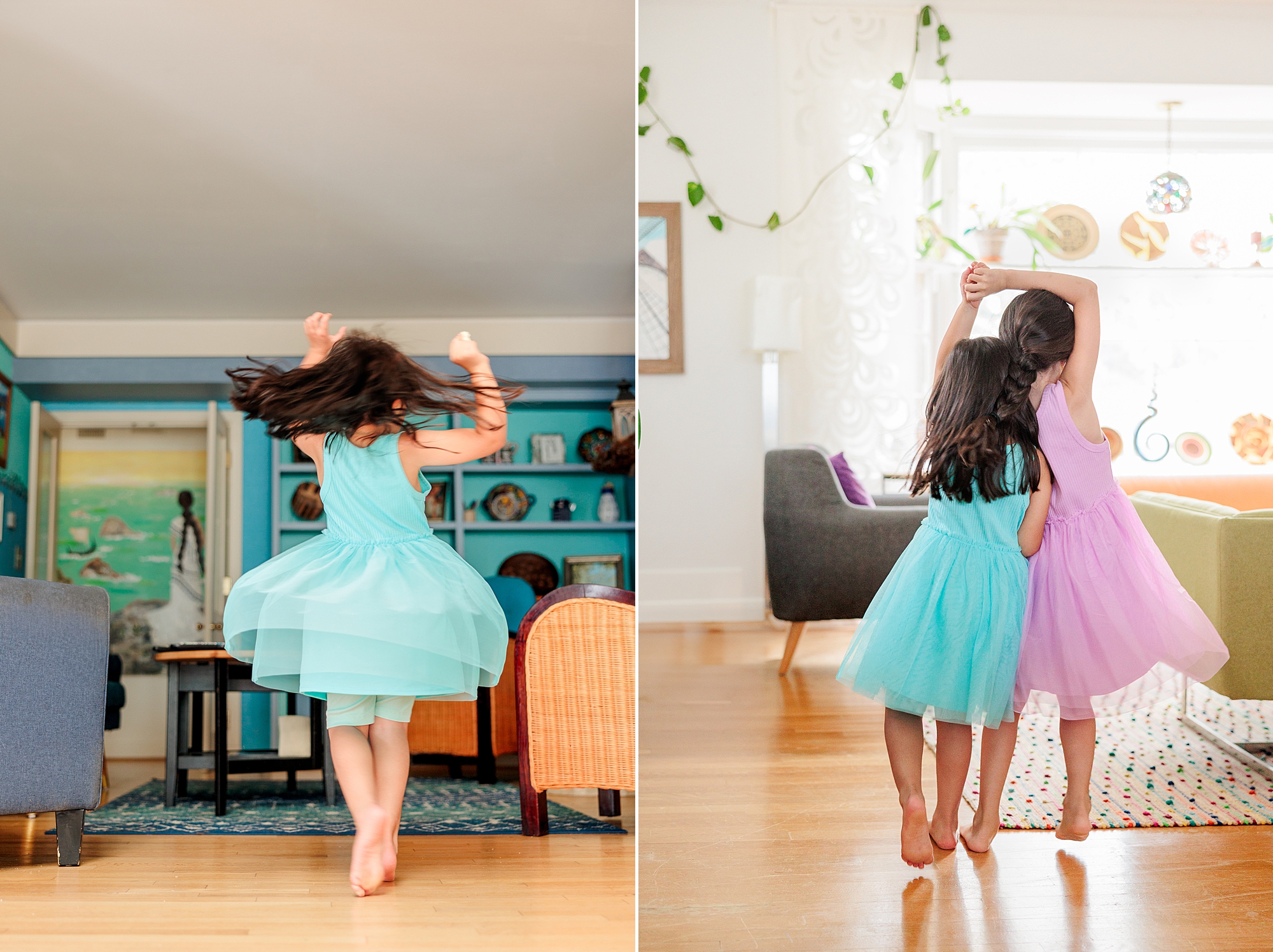 girls twirl during family photos in Annapolis home 