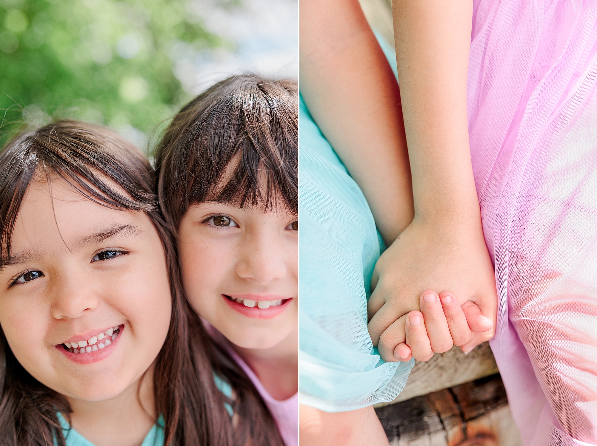 sisters hold hands in pastel outfits during family photos
