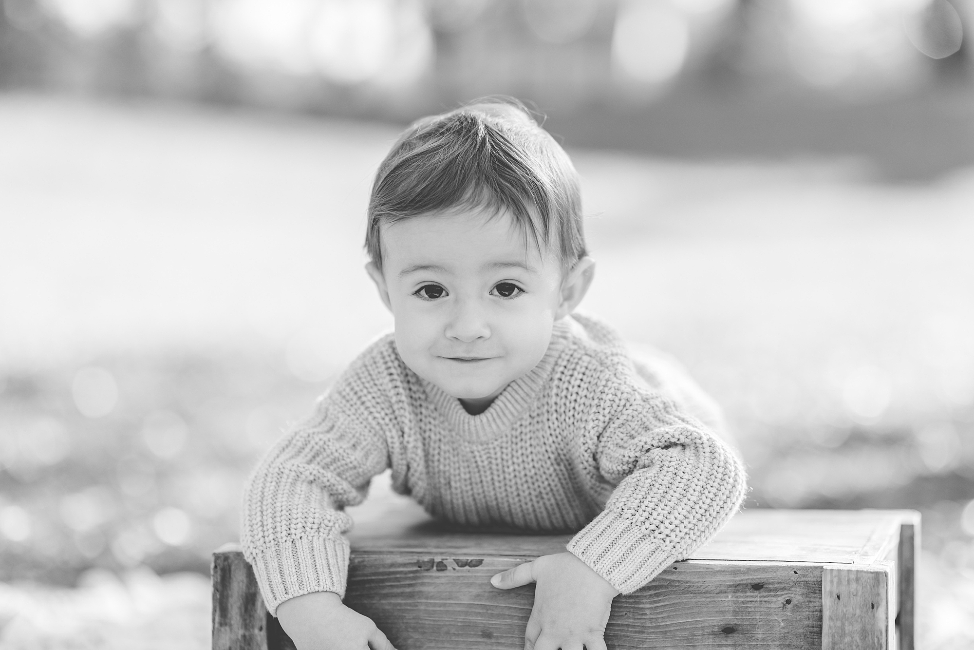 baby leans on wooden box during family photos