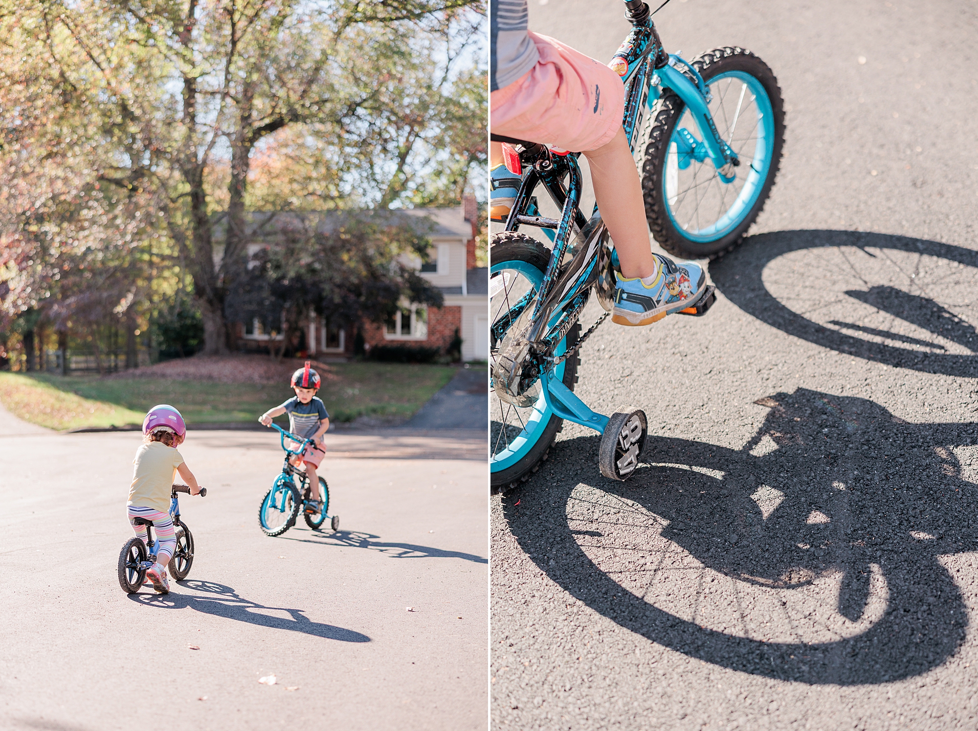 kids ride bikes in driveway during Maryland documentary family photos