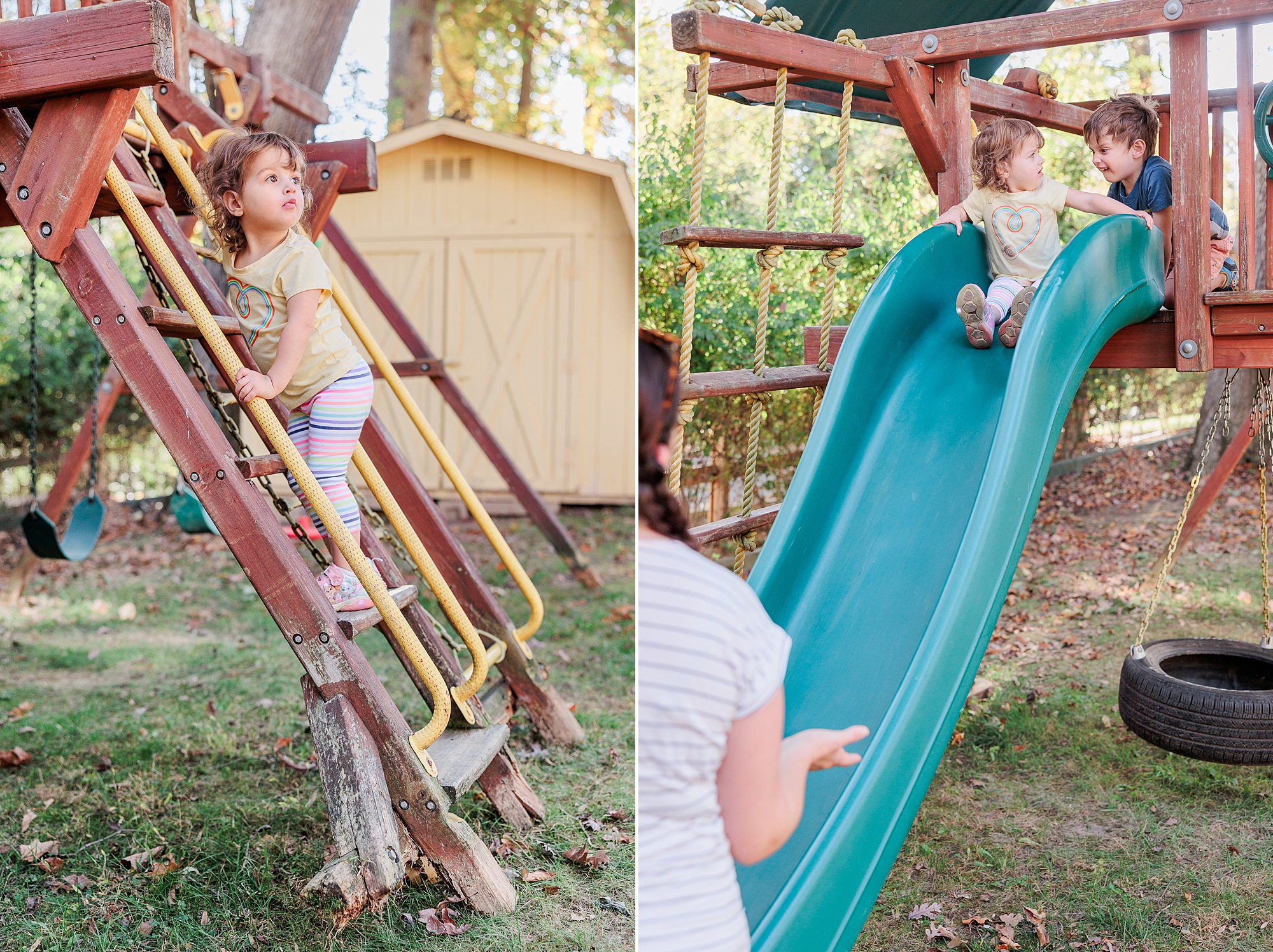 kids play on jungle gym in backyard during Maryland documentary family photos